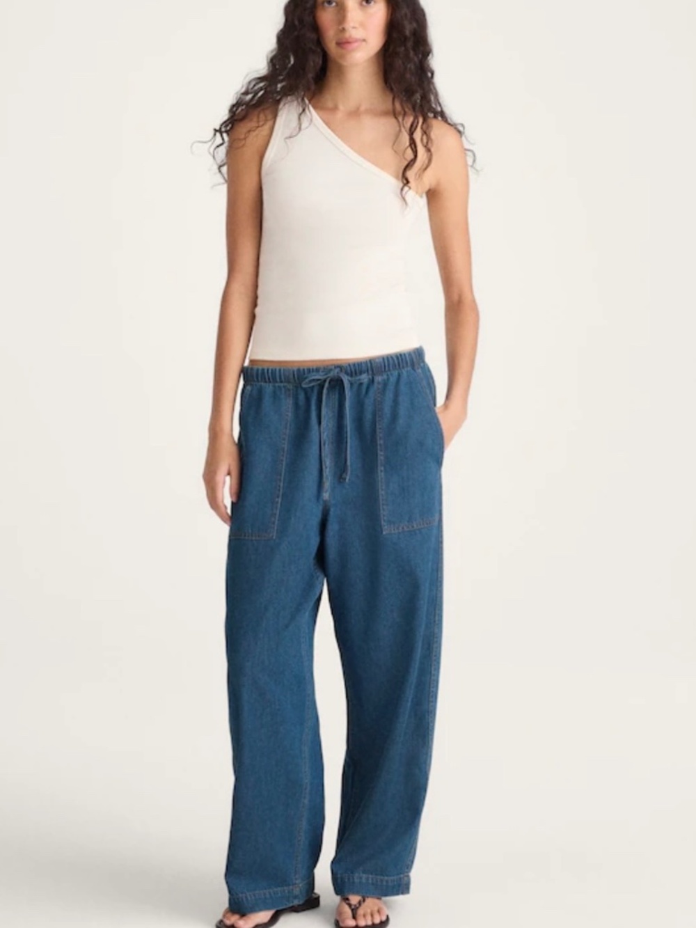 Pull-On Barrel-Leg Utility Pants in Airy Denim